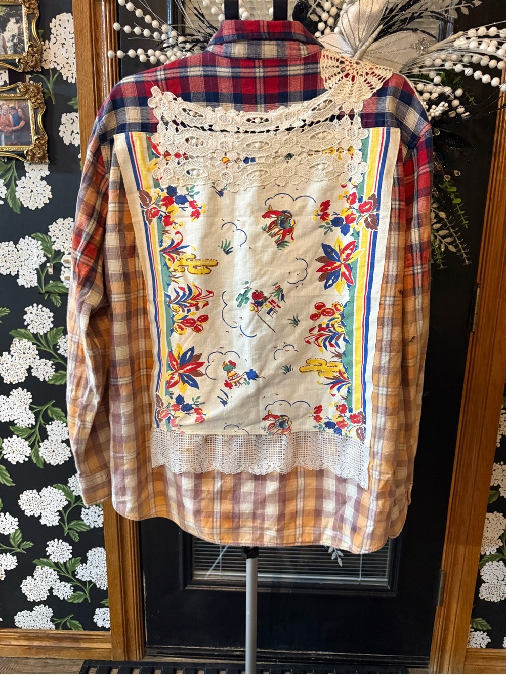 Upcycled Women's Red & Blue Plaid Button-Down Flannel Shirt - Picture 5 of 8